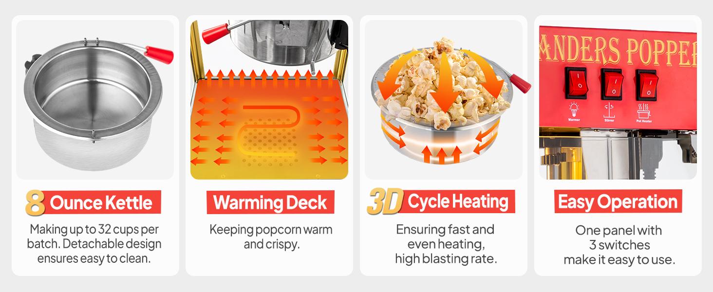 ROVSUN Popcorn Machine with 8/10/12/16 Ounce Kettle Makes Up to 32 Cups, Commercial Popcorn Machine Countertop Popcorn Maker w/Stainless Steel Scoop, Oil Spoon & 3 Popcorn Cups for Home Movie Theater