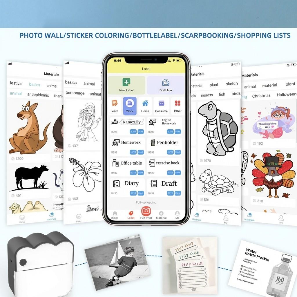 Portable Mini Label Printer for Home and Office, Wireless Bluetooth-compatible Inkless Photo Printing, Ideal Gift for Students and Kids