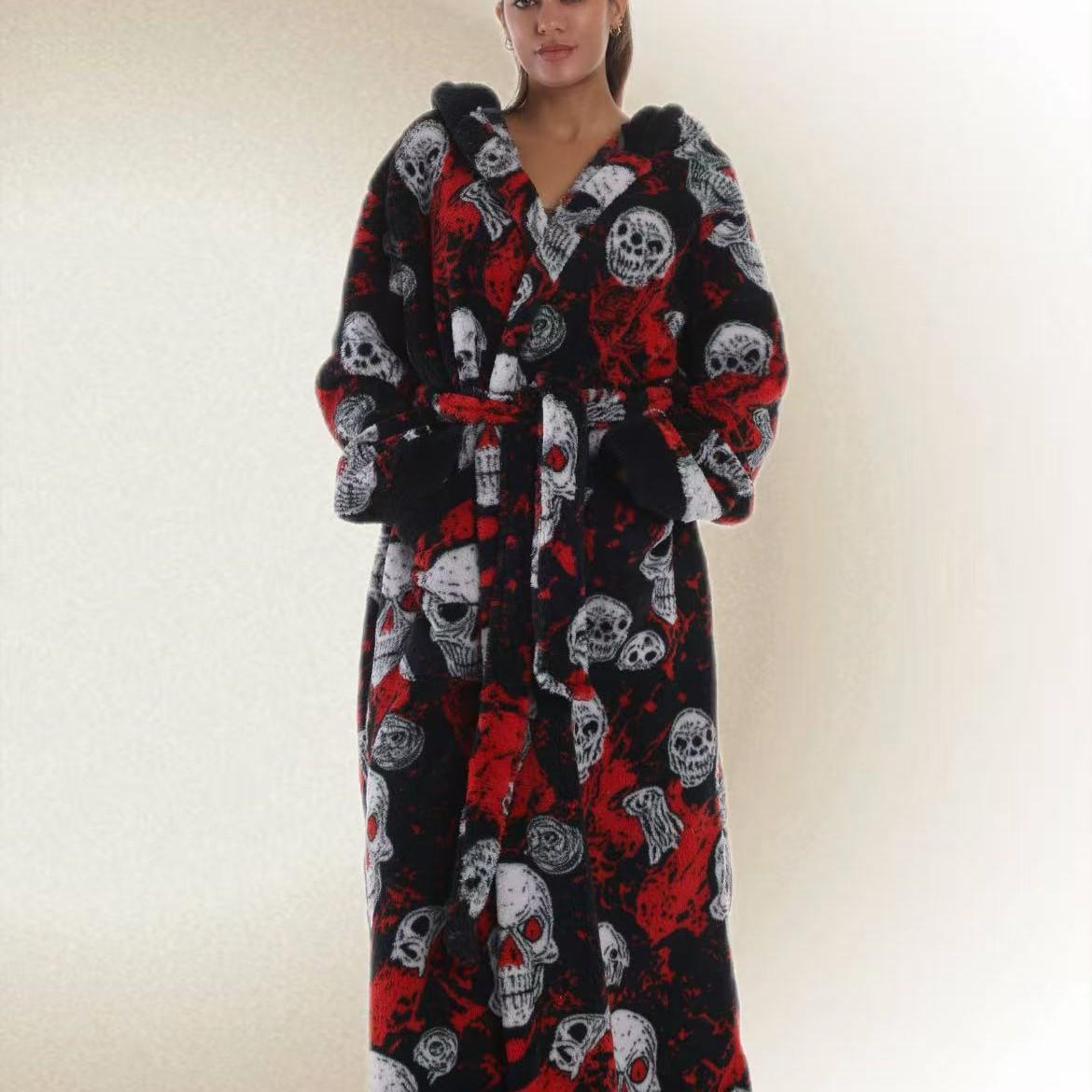 1pc Skull Print Flannel Bathrobe, Plus Size with Hat and Belt, Unisex, Soft and Warm, Perfect Gift