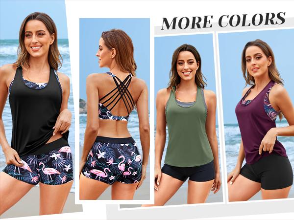 Aqua Eve Three Piece Athletic Tankini Swimsuits for Women with Swim Tank Tops with Boy Shorts and Sports Bra Modest Bathing Suit