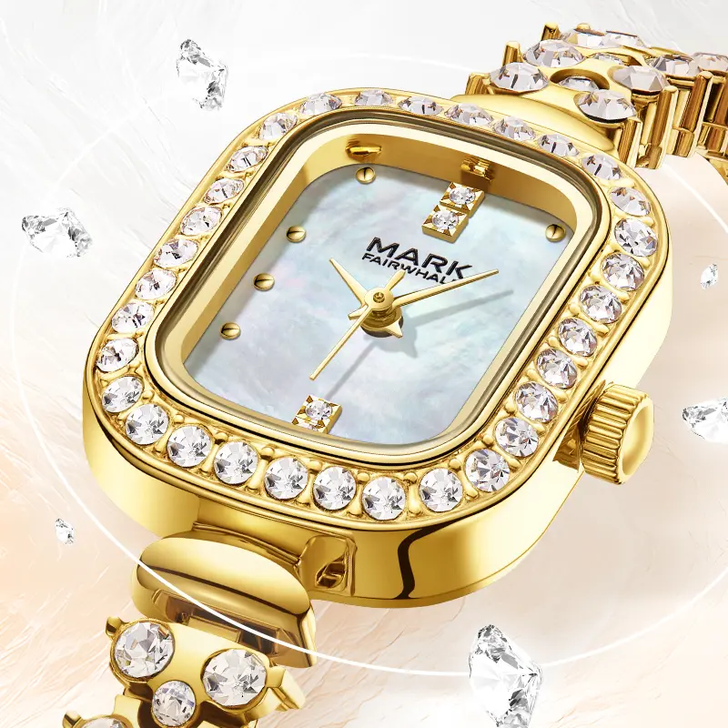 MARK FAIRWHALE Fashion Square mother‑of‑pearl dial Watches Women Luxury 3010 stone‑encrusted dial  Wristwatch