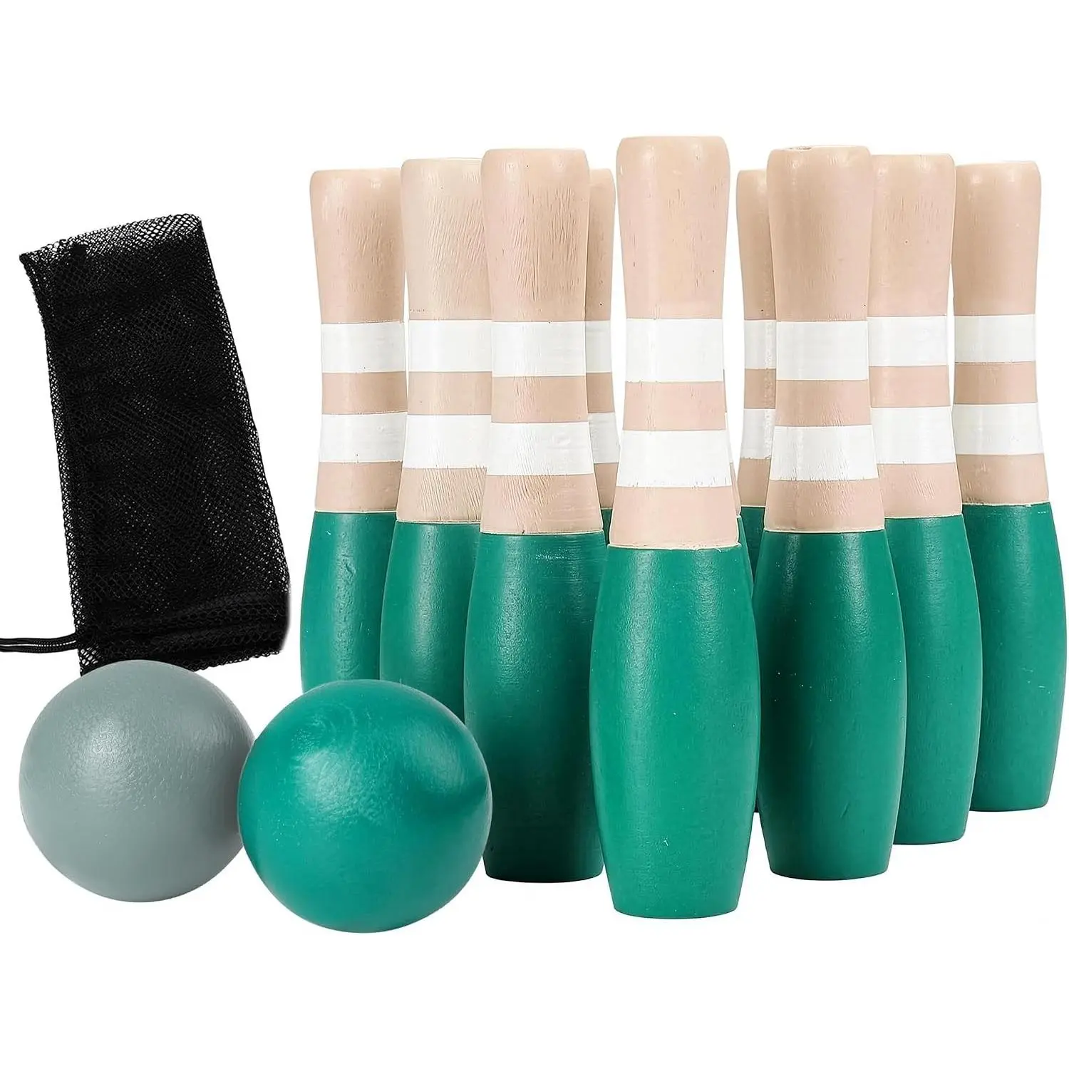 Wooden Lawn Bowling 9" Skittles Set with Carrying Mesh Bag for Indoors and Outdoors - 10 Wooden Pins and 2 Balls, Green/Turquoise and Gray