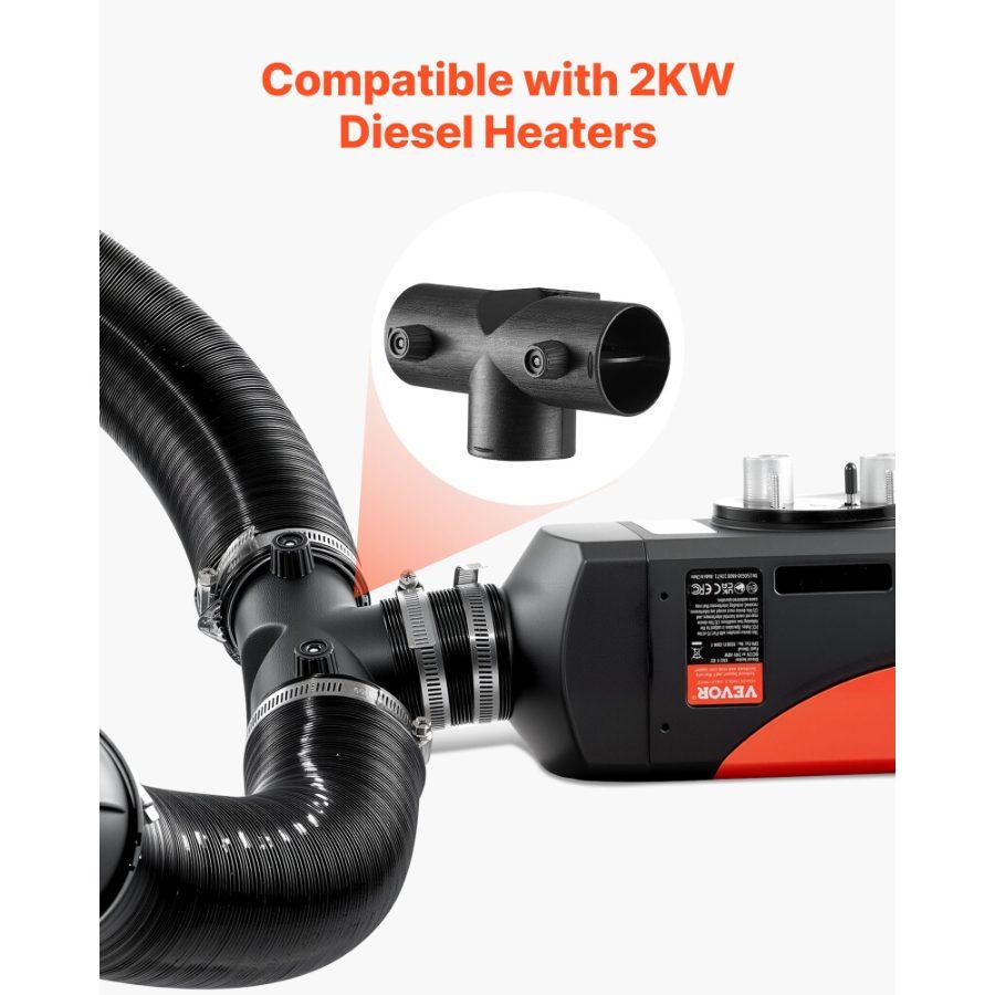 VEVOR Diesel Heater Connector, 2.32 inch Diesel Heater Duct Connector Accessories, T-shape 3 Way Air Vent Connectors with 2 90 Rotatable Valves, Black Joint Connectors for 2KW Diesels Heaters