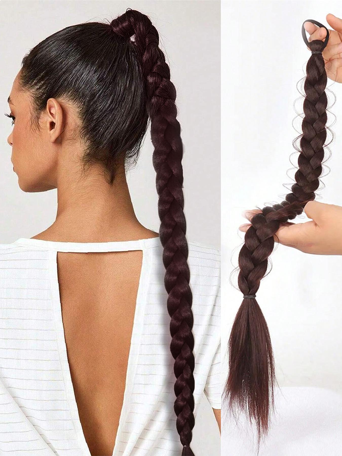 Synthetic Braided Ponytail Extensions, Boxing Braid Wraparound Ponytail, 28 Inch Three Strand Hair Extension, Elastic Hair Tie