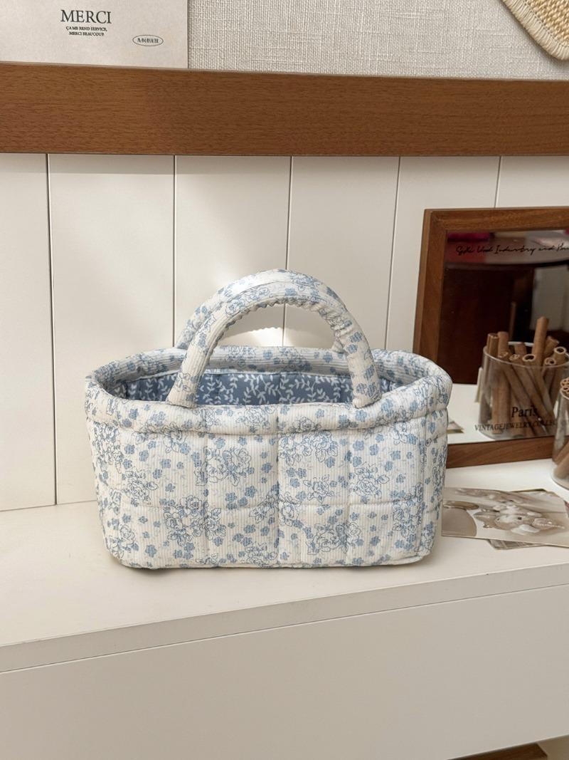 Flannel Peony Storage Basket, Floral Quilted Handheld Organizer, Desktop Living Room Bedroom Sorter, Cosmetic Bags