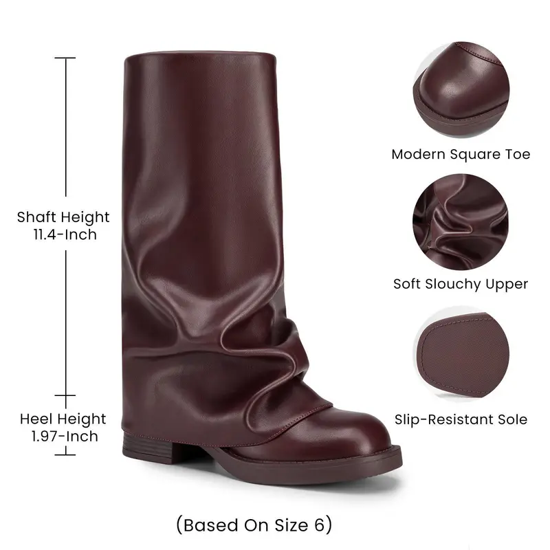 Athlefit Women's Slouchy Leather & Rubber Mid-Calf Boots, Wide Calf Retro Casual Slip On with Square Toe and Platform Cushion, Pull On, Shock Resistant tiktokshopbacktoschool, Party, Soft Slouchy Upper,back to school,back to school haul