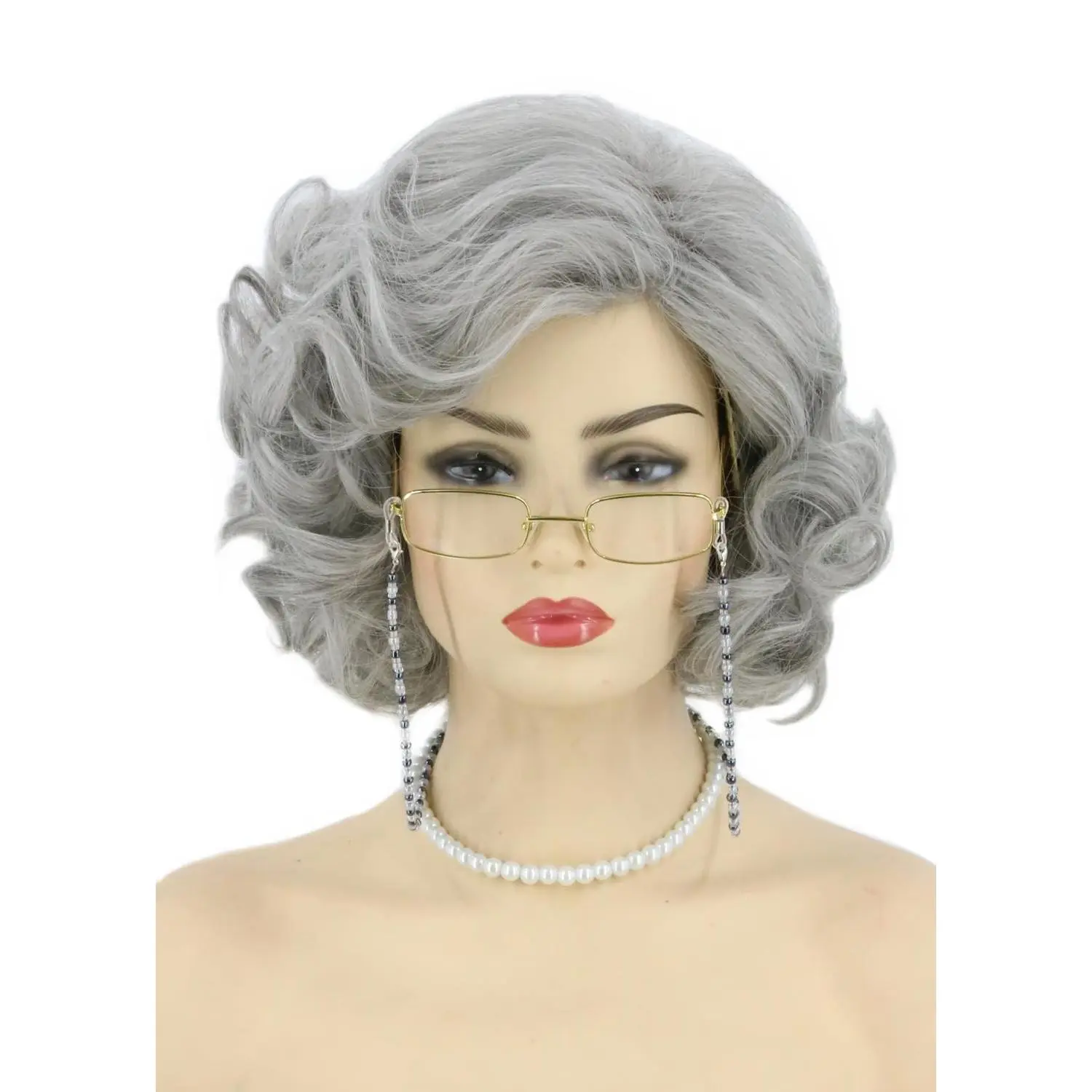 Old Lady Granny Costume Wig with Accessories 5-Piece Set, Grey Halloween Party WigGift