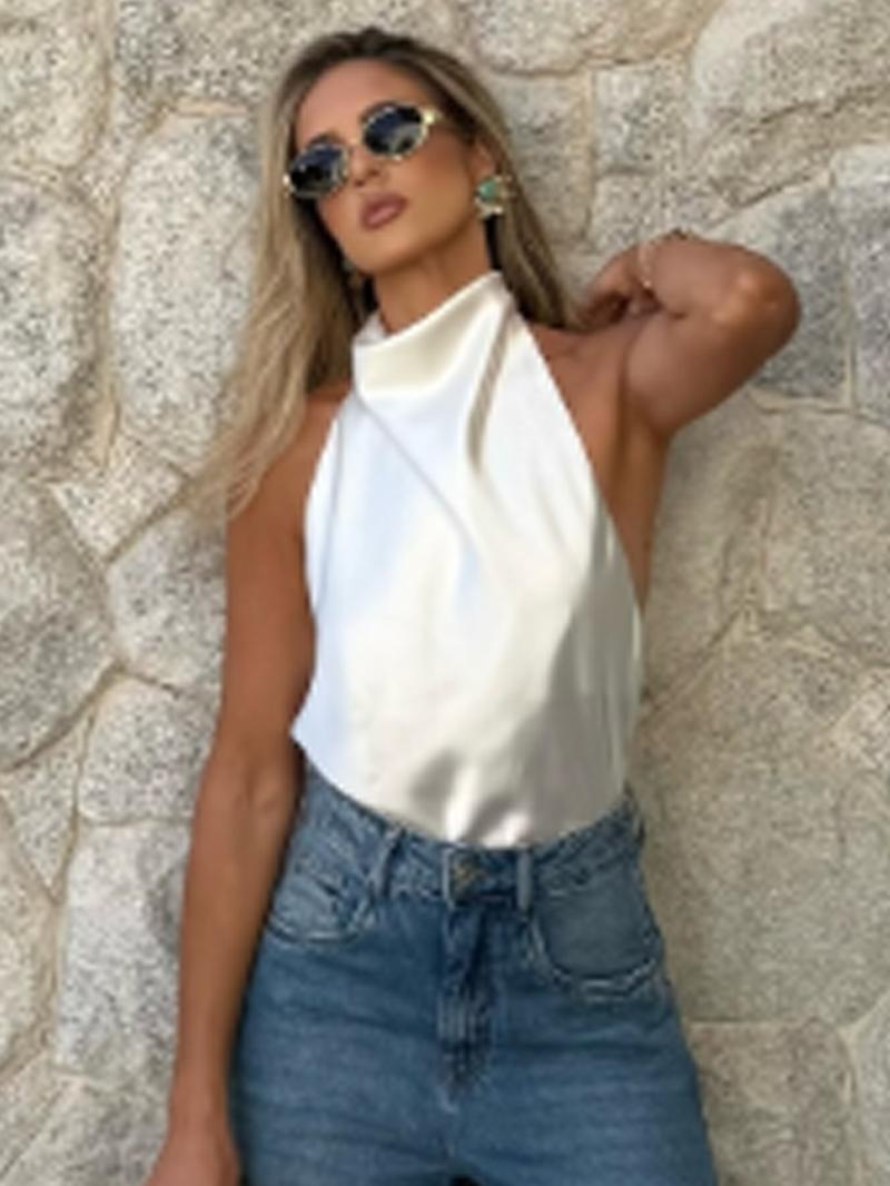 Sexy Satin Halter Top Women Corset Tanks & Camis Backless Crop Top Woman y2k Sleeveless Tank Tops Ladies Fashion Black White Orange Pink Yellow Brown Top Casual Vacation Top