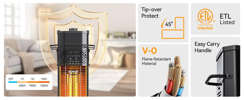 VAGKRI fan Heater, 1500W 36-42 inch indoor heater  with 3 Heating Levels, Tip-Over & Overheat Protection, IPX5 Waterproof Tower Space Heater for Patio Backyard Garage Restaurant Home /portable electric heater