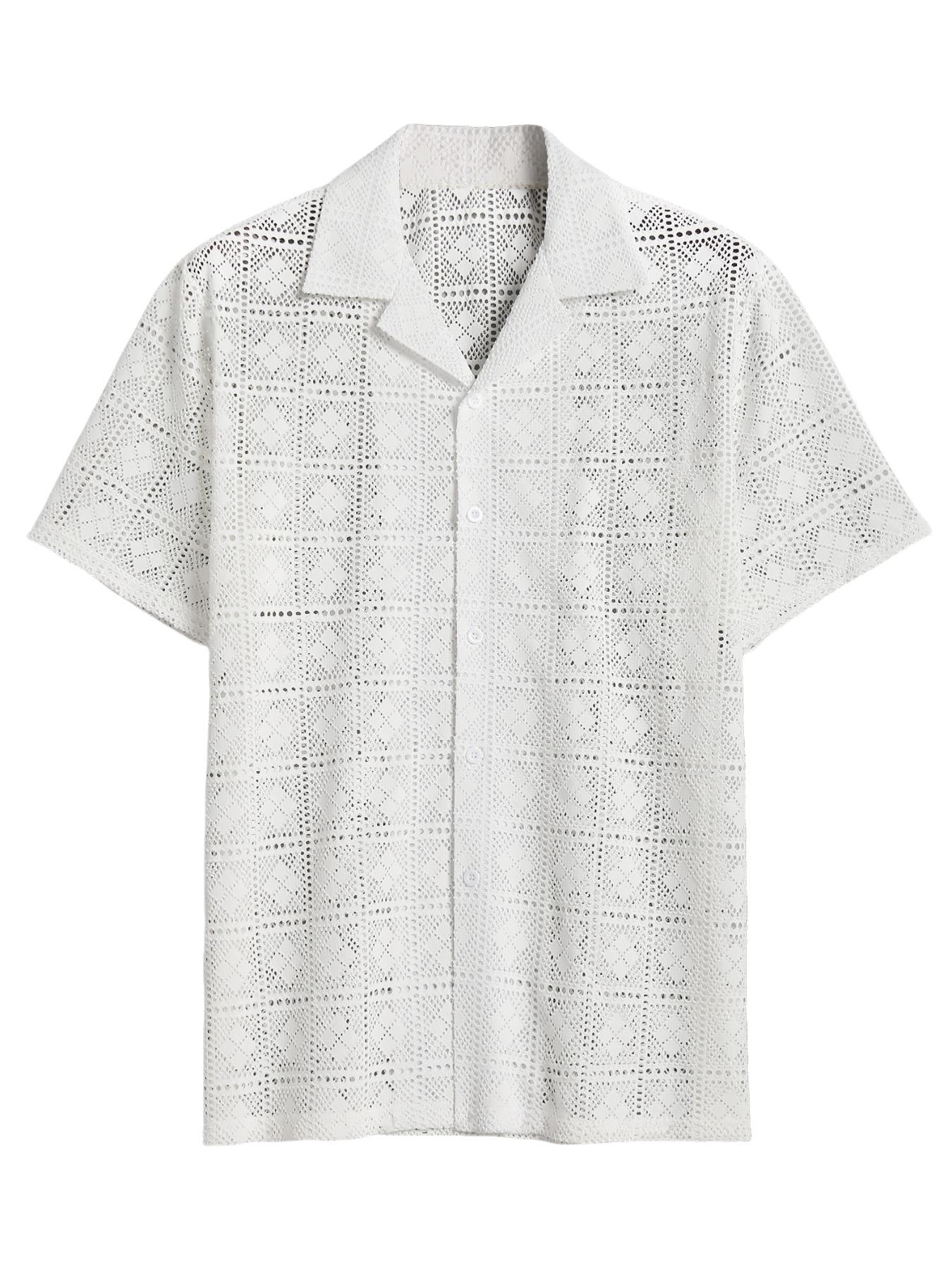 Men's Hollow Diamond Grid Short Sleeve Casual Shirt, Summer Breathable Cool, Hollow Pattern Design, Full Print, Plain Color