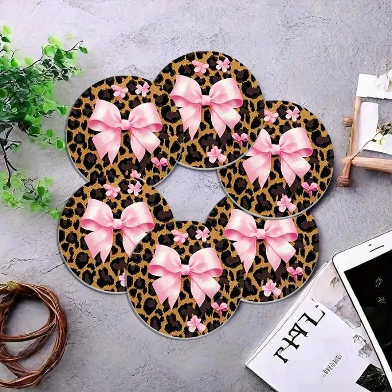 Set of 6 Silicone Coasters with Bow Accents, Whimsical Leopard Print Non-Slip Heat-Insulating Mats for Coffee Mugs & Home Decor, A Set Of 6., Whimsical Home Decor, Heat Insulation, Drink Mats