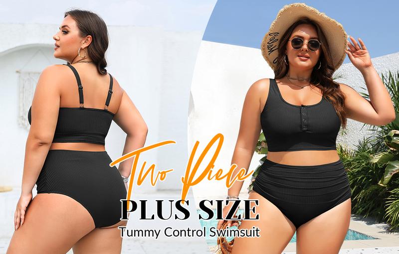 Yonique Plus Size Two Piece Swimsuit - Womens High Waisted Bikini Tummy Control Bathing Suit Ribbed Swimwear