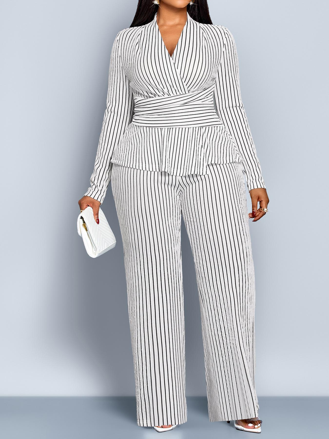 Women's Striped Two-Piece Set, Elegant Fall & Winter, Deep V-Neck Long Sleeve Top, High-Waisted Wide-Leg Pants, Plus Size