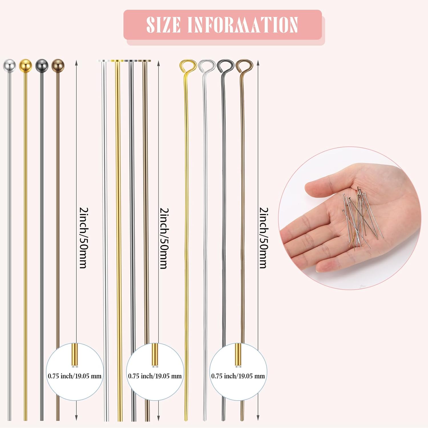 600 Pcs Eye Pins for Jewelry Making 50 mm DIY Ball Flat Head Pins with Plastic Box for Craft Earring Bracelet Necklace Pendant(2 Inch,Assorted Color)