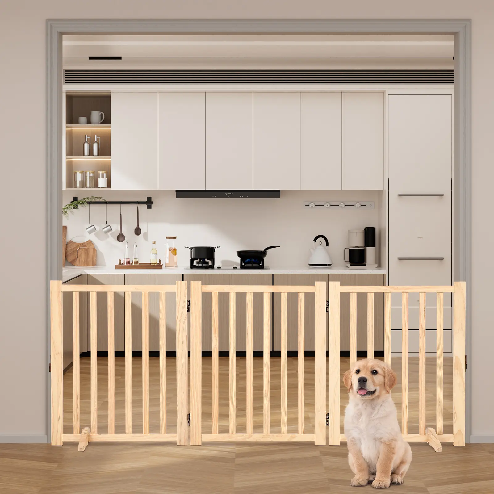 Adjustable Freestanding Wooden Dog Gate – 3/4 Panel Collapsible Indoor Pet Barrier with Support Feet, Non-Slip, Natural Finish – For Doorways, Stairs, Home – 24-36in High