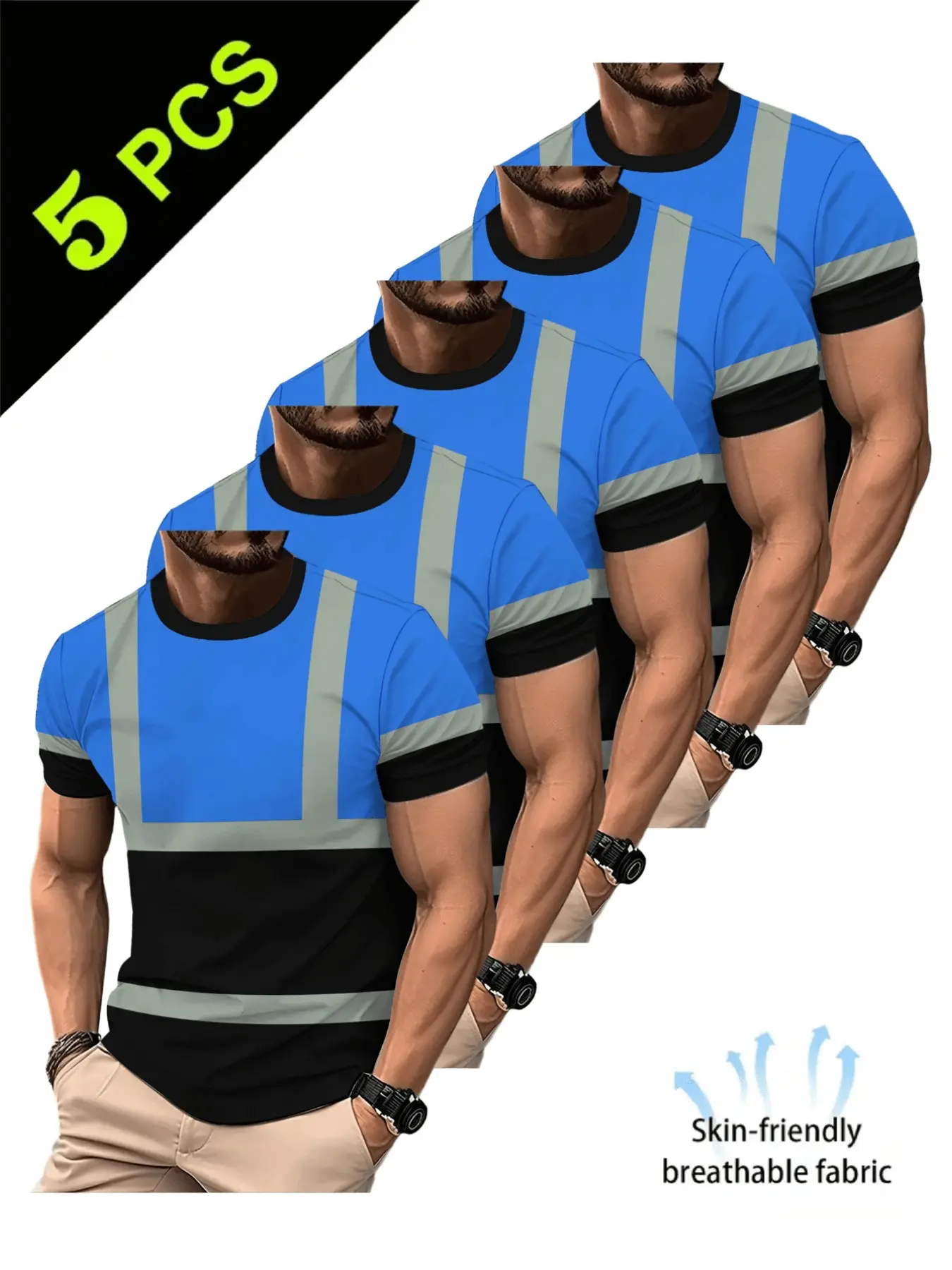 5-Pack Men's Short Sleeve T-Shirts, High Saturation Safety Work Uniforms, Breathable and Durable Casual Tops