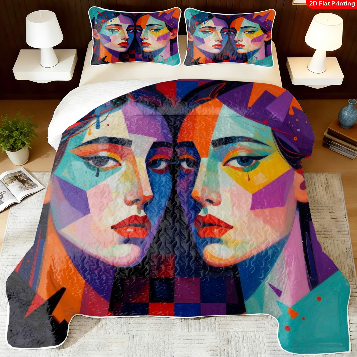 3 pcs, 2D Flat Print Abstract Geometric Portrait Bedspread Set, Soft and Comfortable, Multiple Sizes Available, Suitable for Gifting and Daily Use, Ideal for Creating a Cozy Home Atmosphere(1 bedspread , 2 pillowcases)