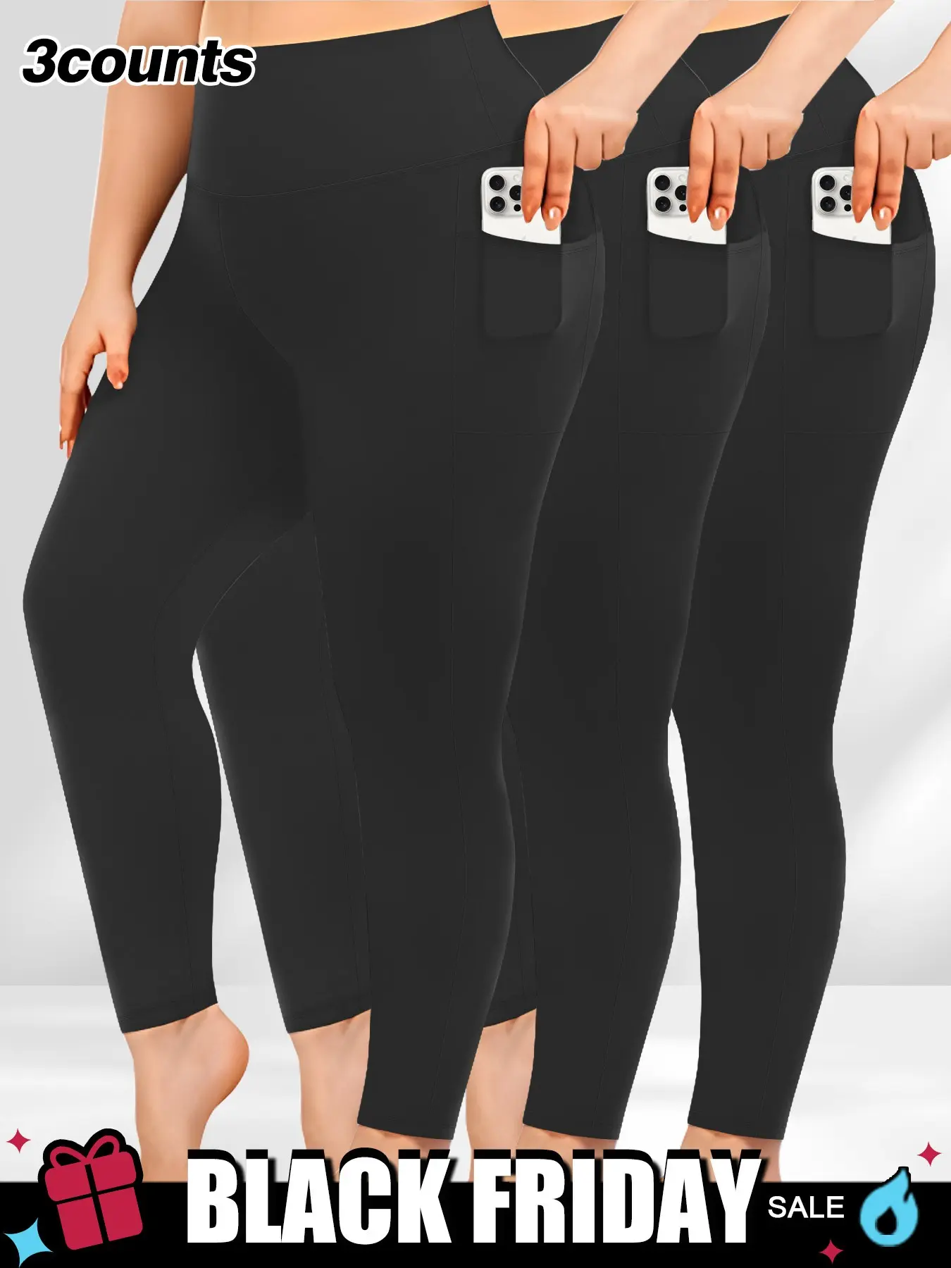 Women's High Waist Slim-Fit Leggings, 3-Pack Set, Stretchy Ankle-Length Pockets, Soft Yoga Pants, Multiple Colors, Black Friday Deal