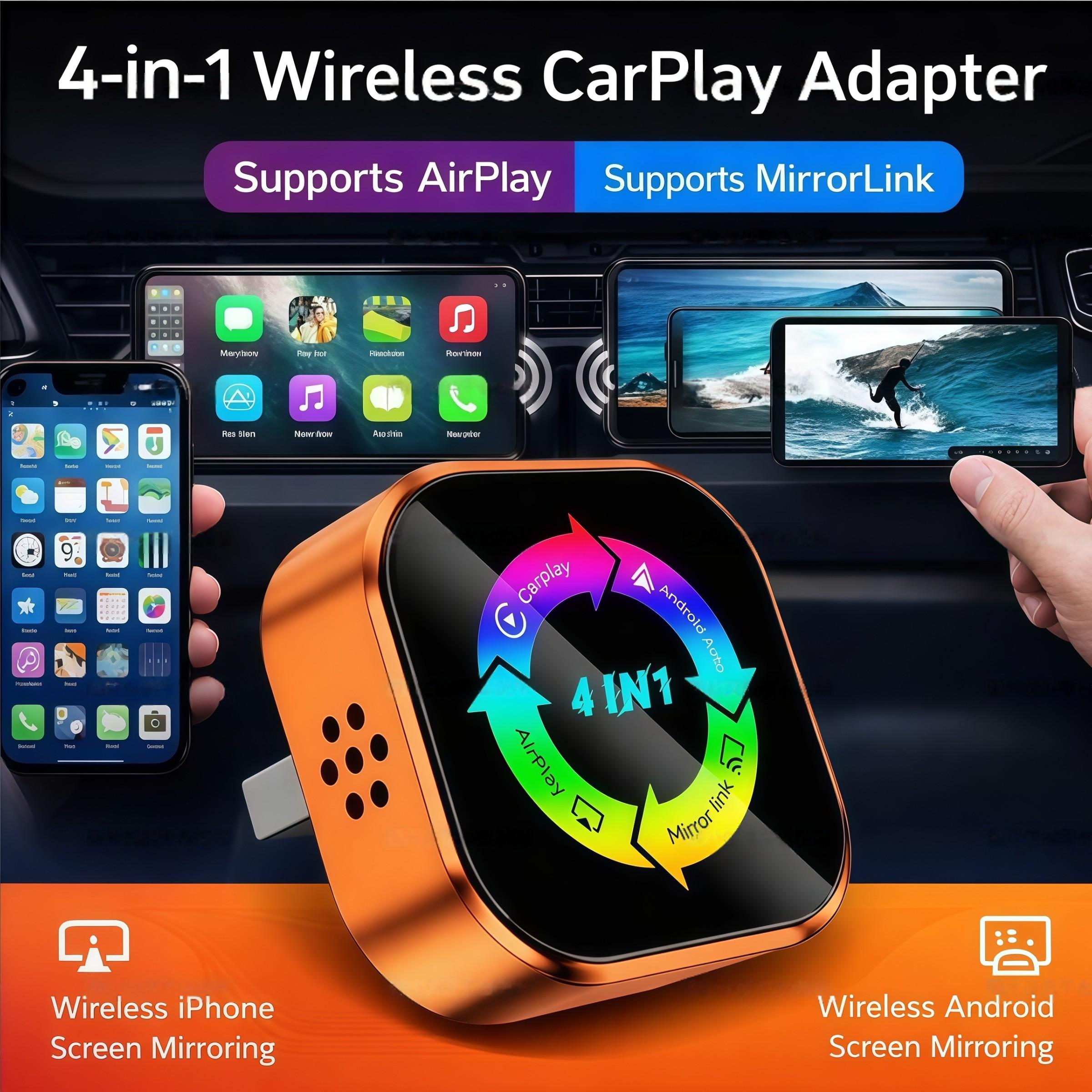 2026 World Cup New 4-in-1 Wireless CarPlay Adapter - Compatible with iPhone/Android | Fast Connection, Hands-Free Calling, AirPlay, Mirror Link, Netflix, YouTube. Type-C Adapter, Bluetooth 5.0 Fast Transmission, Ultra HD Stereo Sound