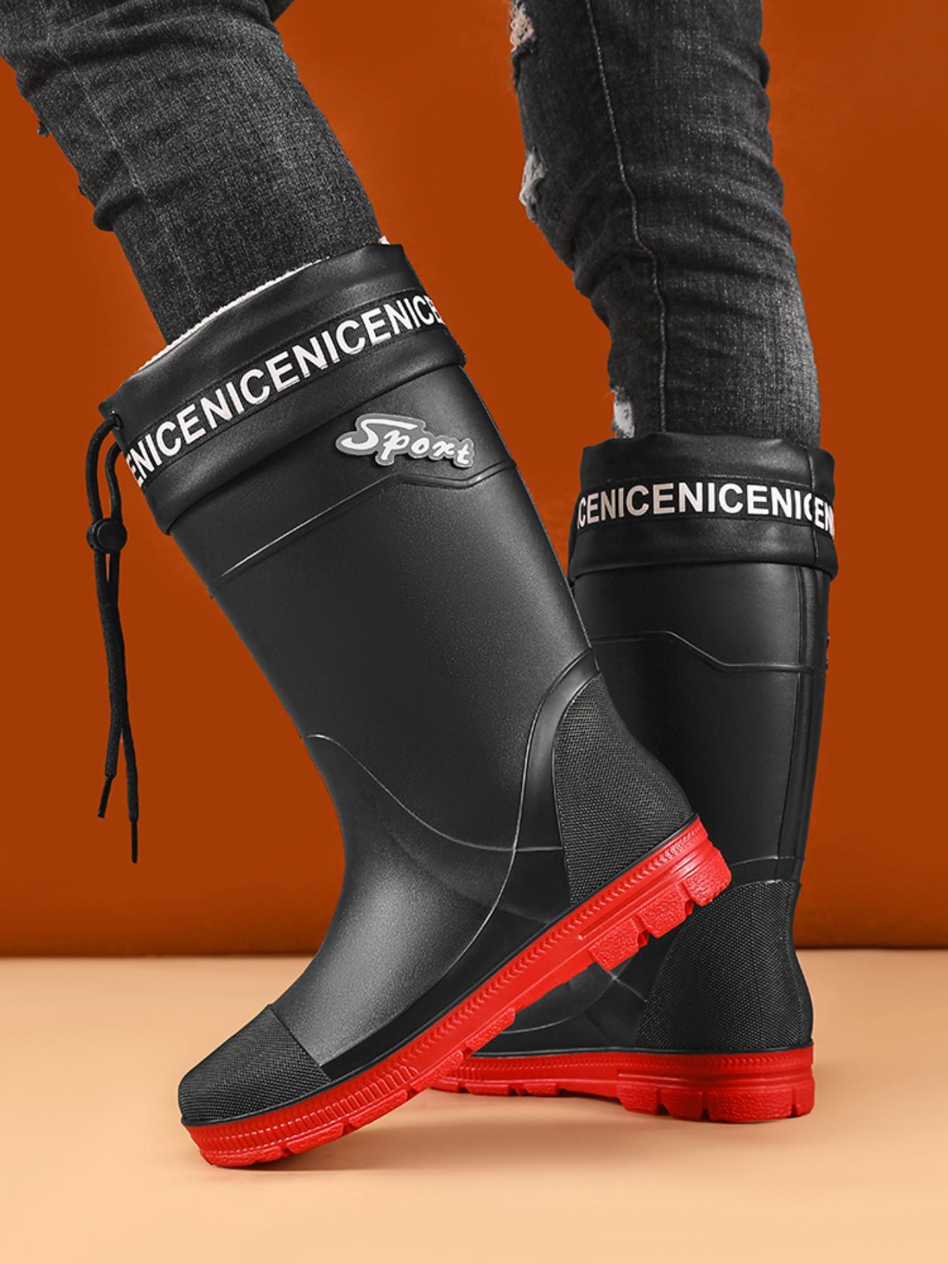 Men's Trendy Printed Cuff Tall Waterproof Rain Boots, Deep Tread Traction Wear-resistant Outsole Footwear For Mud Mountain Hiking & Large-scale Garden Watering Work