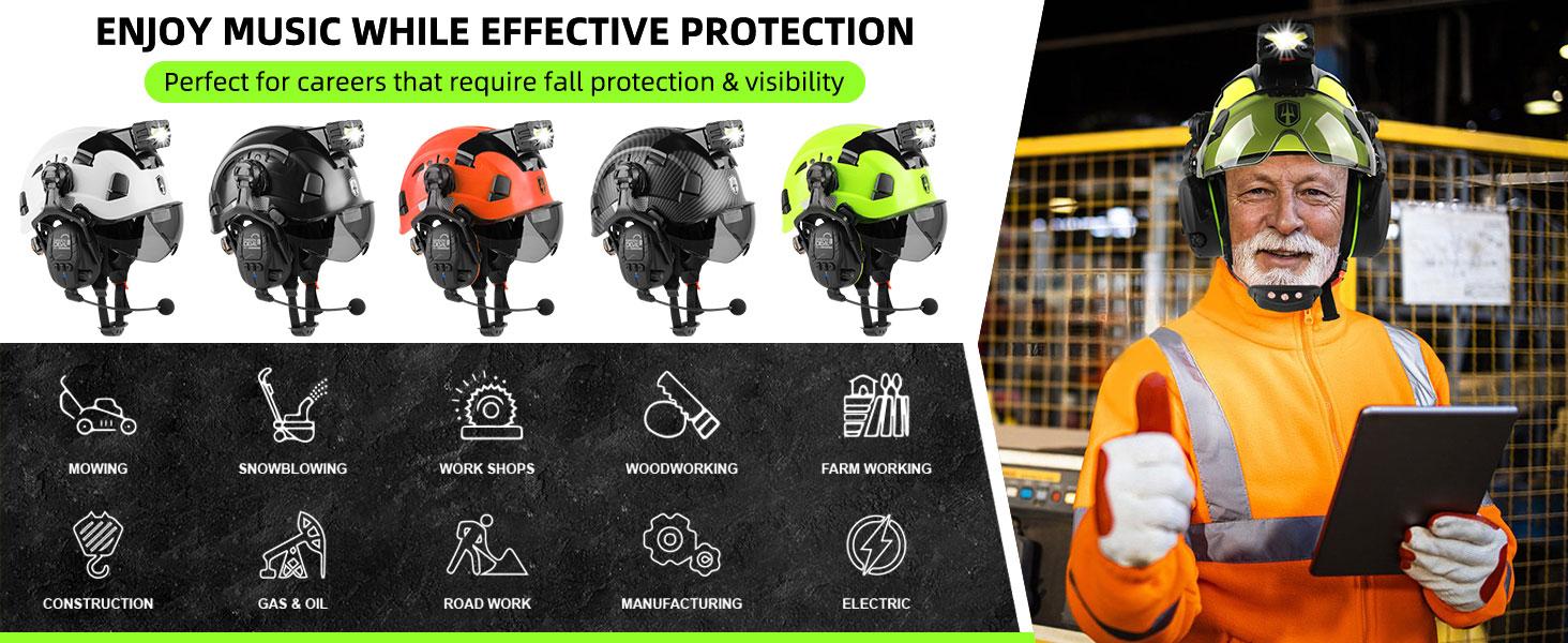 7 in 1 Vented Work Hardhat,Hard Hat with Visor Bluetooth Ear Muffs and Headlamp,Cascos De Construccion for Industrial Construction Forestry