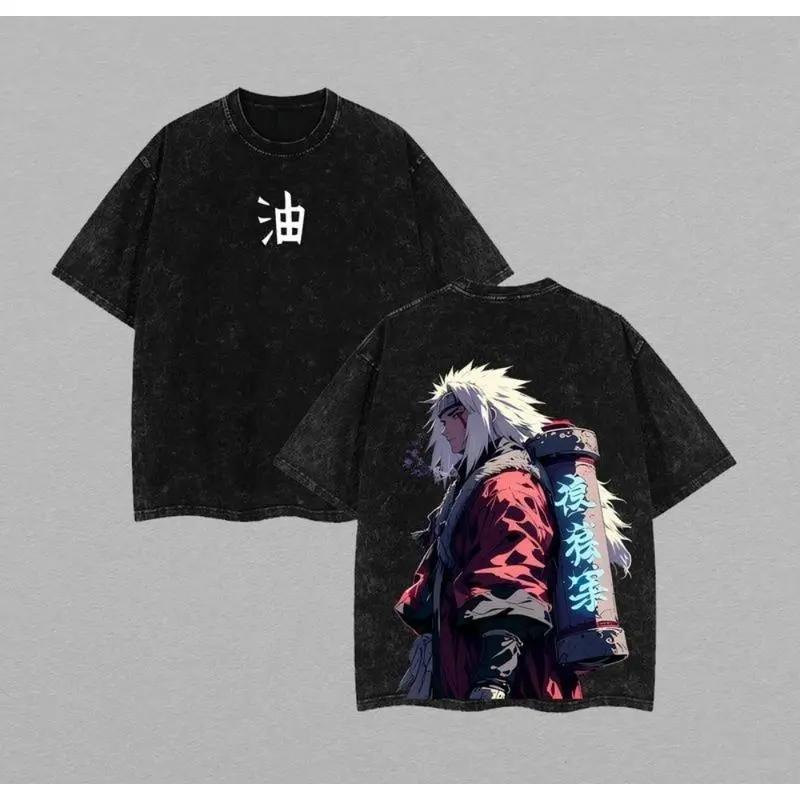 Jiraiya Sannin Oversized Tee | Naruto Anime Double Printed Washed Shirt | Heavyweight  | Viral Sad Ninja Aesthetic | Sage Mode Streetwear Top | Otaku Street Style Gift for Him，Gifts for Anime Fans, Naruto Anime Merchandise Men's T-shirt
