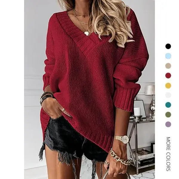 Danedvi Women's Oversized Fuzzy V-Neck Long Sleeve Solid Color Drop Shoulder Knit Pullover Top, Suitable for Work, Business, Outdoors, Knitwear