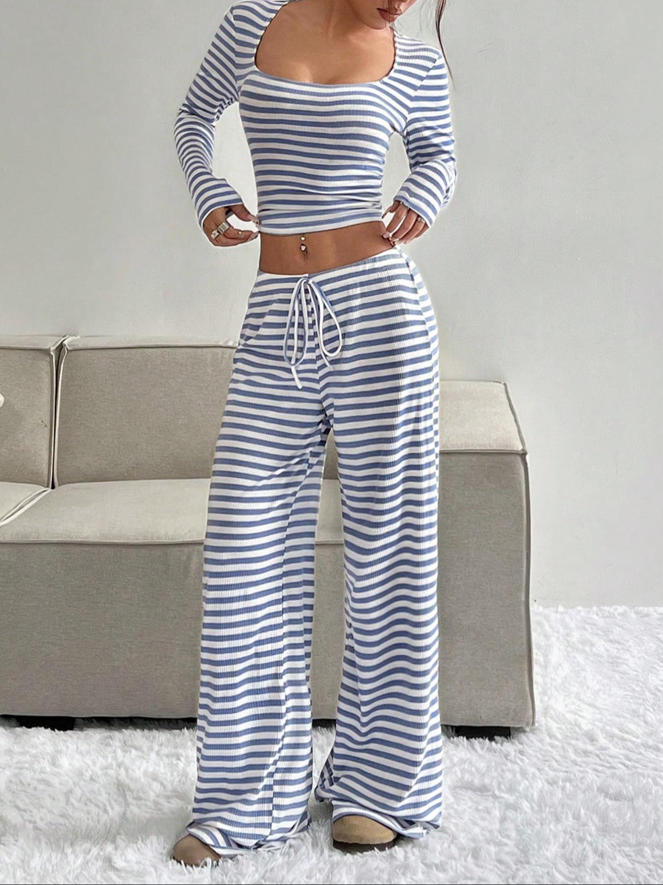Women's Casual Striped Colorblock U-Neck Crop Pullover Sweater with Waist Rope Decorative Long Pants Two-Piece Set for Daily Wear,Airport Outfit