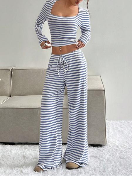 Women's Casual Striped Colorblock U-Neck Pullover Sweater with Waist Rope Decorative Long Pants Two-Piece Set for Daily Wear,Airport Outfit