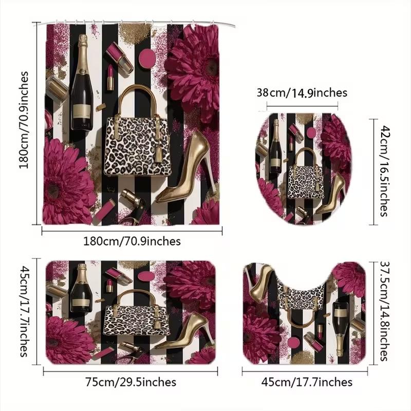1/4pc Fashionable, Luxurious, and Beauty Pattern Shower Curtain Set, including a shower curtain, toilet seat cover, and U-shaped mat. Perfect for bathroom décor and beautifying the space. Comes with 12 shower curtain hooks Bathroom Decoration Accessories