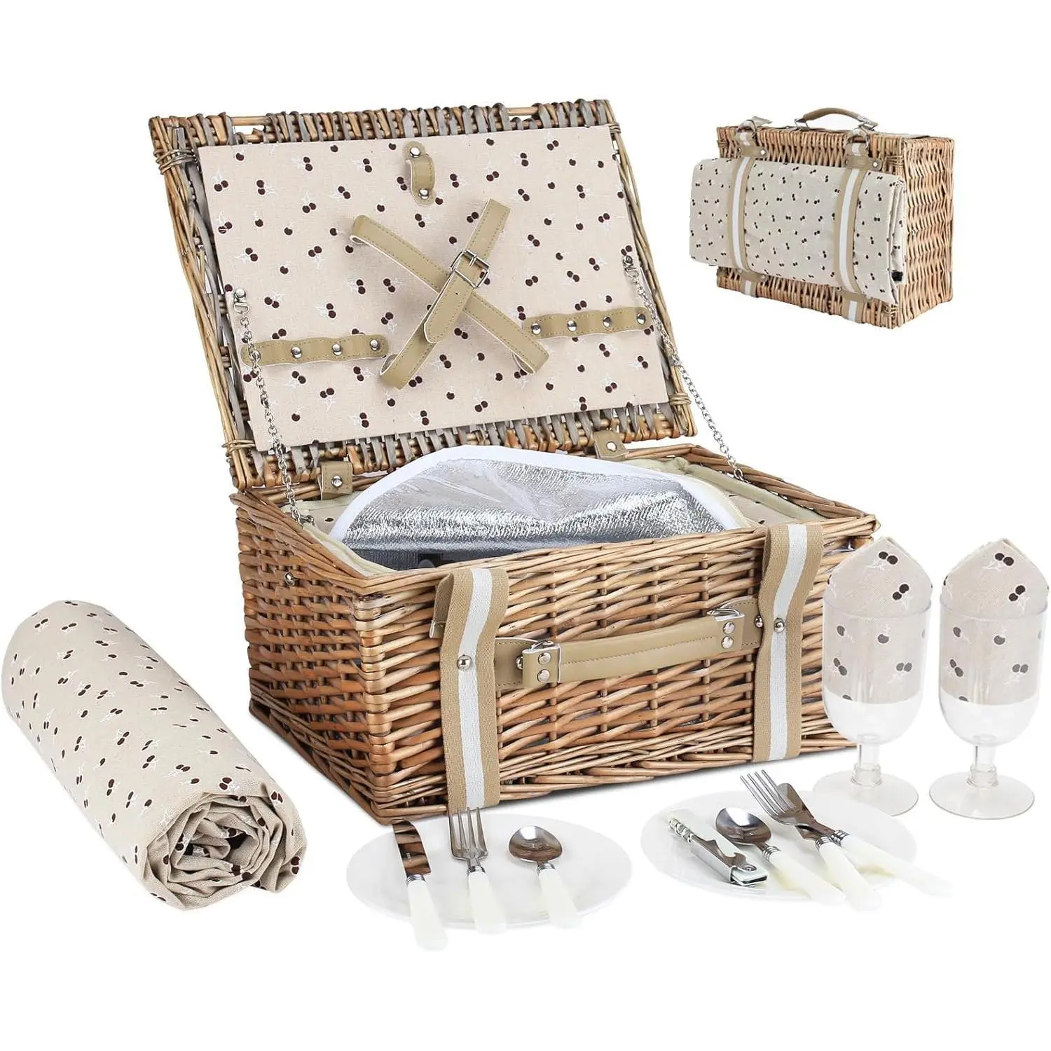 Willow Picnic Basket Set for 2 Persons with Lare Insulated Cooler Ba and Waterproof Picnic Blanket, Wicker Picnic Hamper for Campin,Outdoor,Birthday