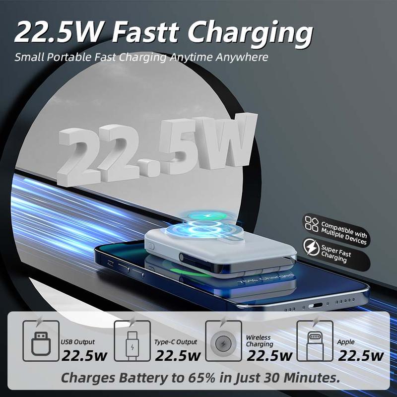 Magnetic Power Bank, 10000mAh Foldable Wireless Portable Charger with USB-C Cable, 3 Ports, LED Display, Compatible with Mag-Safe Battery Packs, 22.5W PD Fast Charging, Compatible with iPhone 16/15/14/13/12 Pro/Pro Max/Plus/Mini