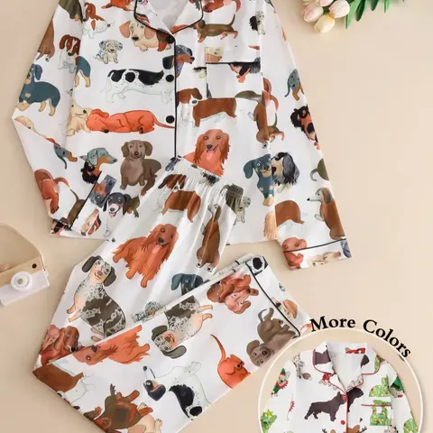 Two-piece Set Women's All Over Dog Print Lapel Neck Button Front Pajama Set, Casual Comfy Long Sleeve Top & Pants Pj Set, Women's Sleepwear for Spring & Fall