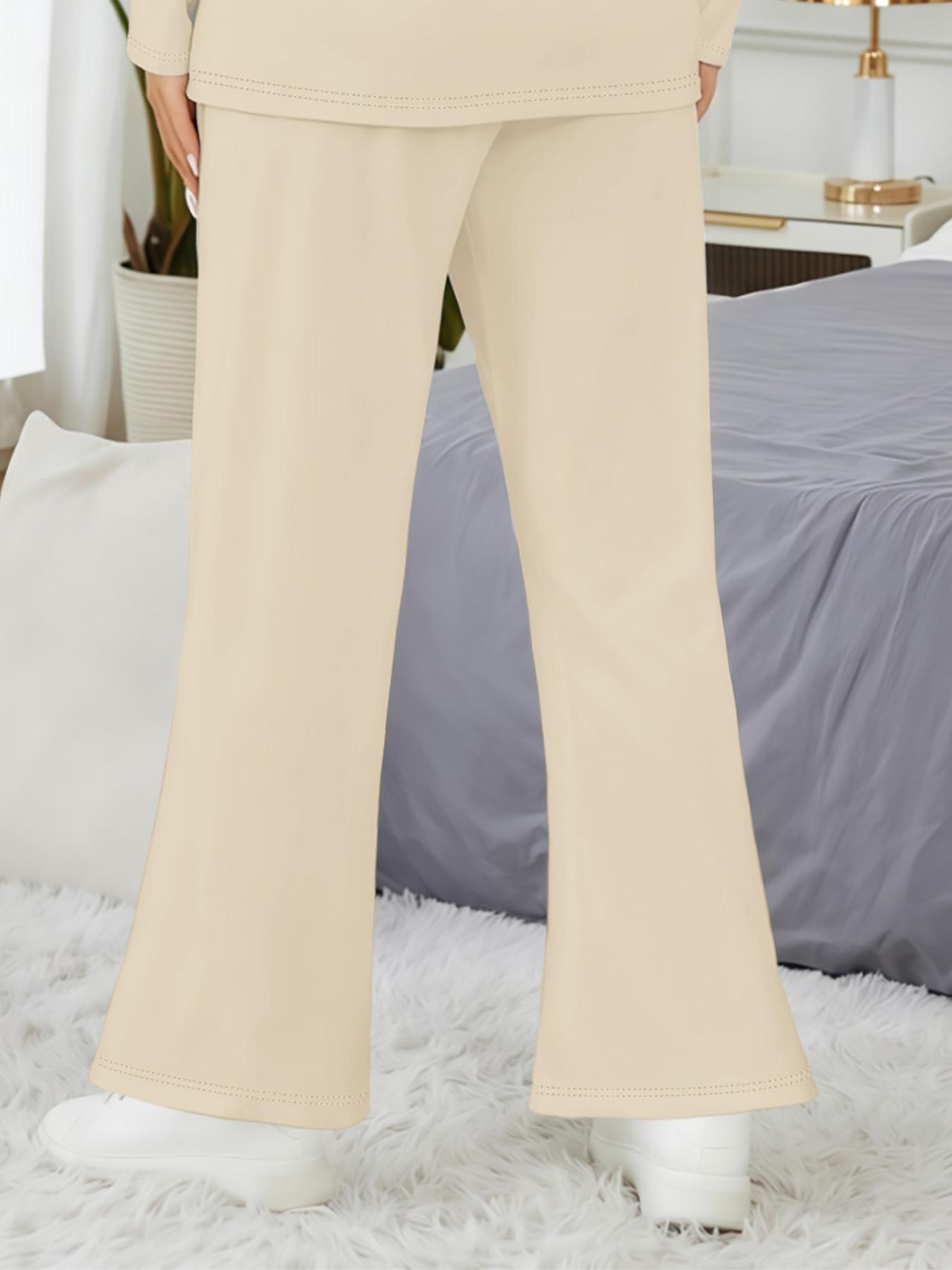 Women's Fashionable Big Size Casual Round Neck Short Sleeve Top & Loose Fit Straight Pants Set, Spring & Fall Comfortable Plain Design