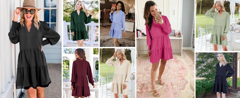 Wenrine Womens Fall Long Sleeve Tunic Dress Casual V Neck Loose Ruffle Tiered Dress