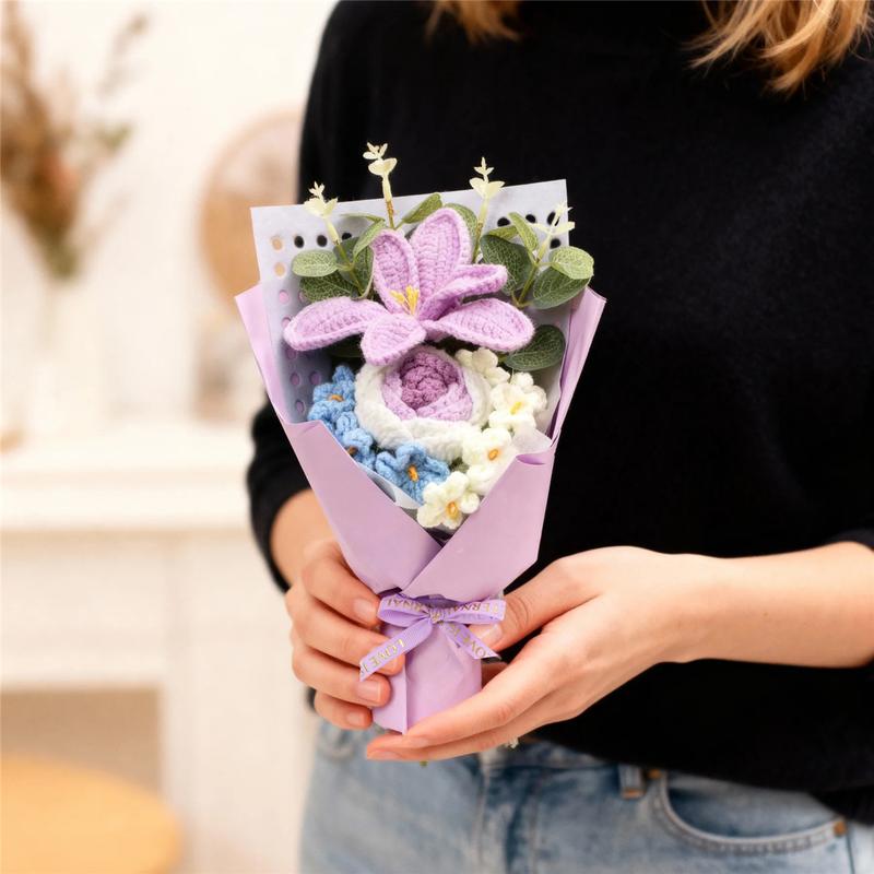 Realistic Tulip Rose Bouquet, Handmade Knitted Flower Arrangement, Crochet Artificial Flowers, Wedding Decoration, Christmas Valentine's Day Gift, Party Present