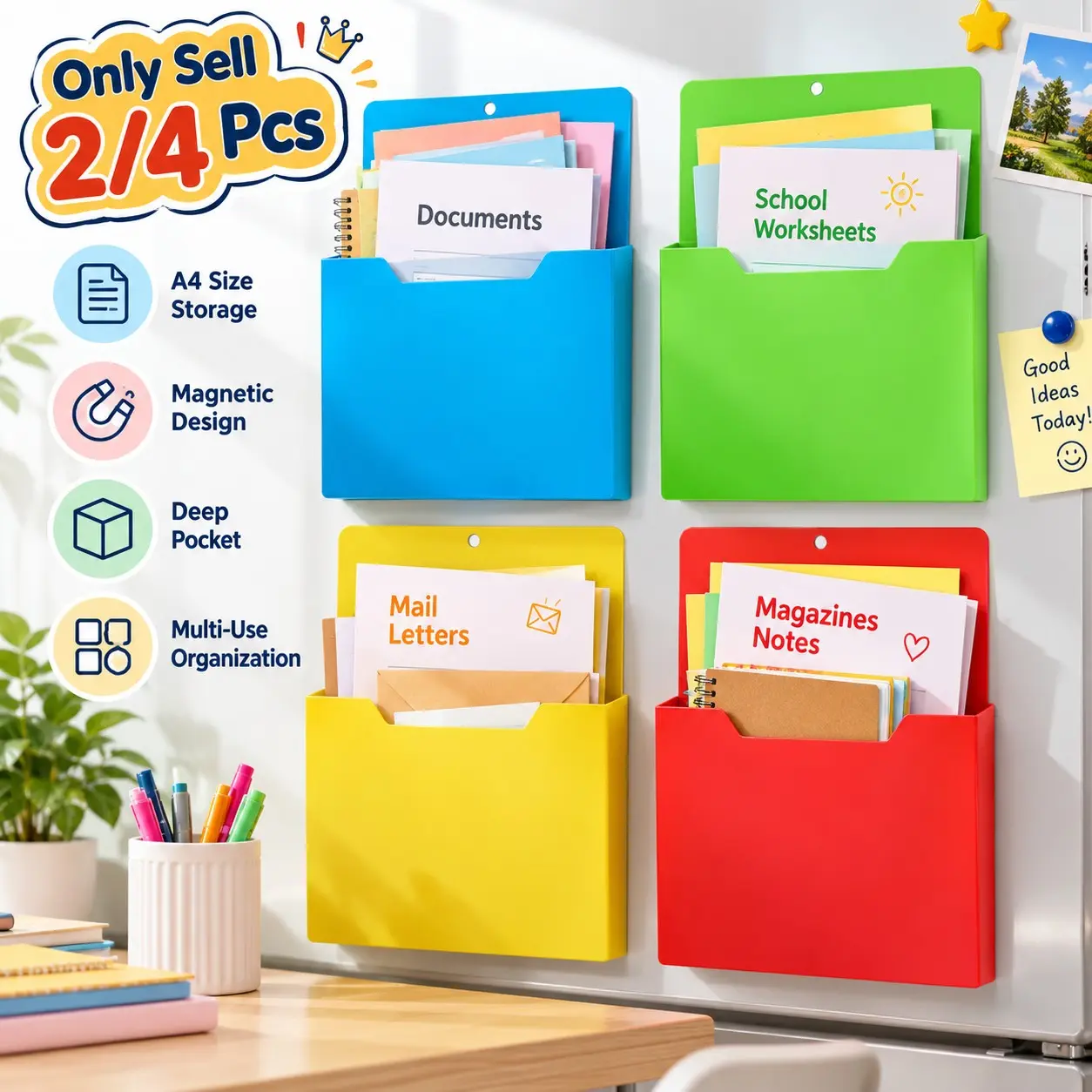 2/4 Pcs Magnetic File Folder, Plastic Hanging File Folders, A4 Magnetic File Organizer with Deep Pocket for Papers and Magazines, Wall Mounted Hanging File Holder for Teacher Organization School Whiteboard Office Classroom Supplies Classroom Must Haves