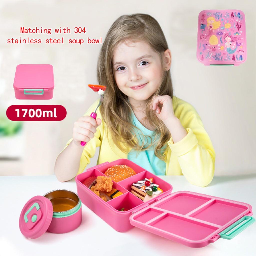 Cute Cartoon Bento Lunch Box with Soup Thermo, Kids Leakproof 4 Compartments, Insulated Food Jar for School Travel, Leak-Proof Bento Box with Spoon