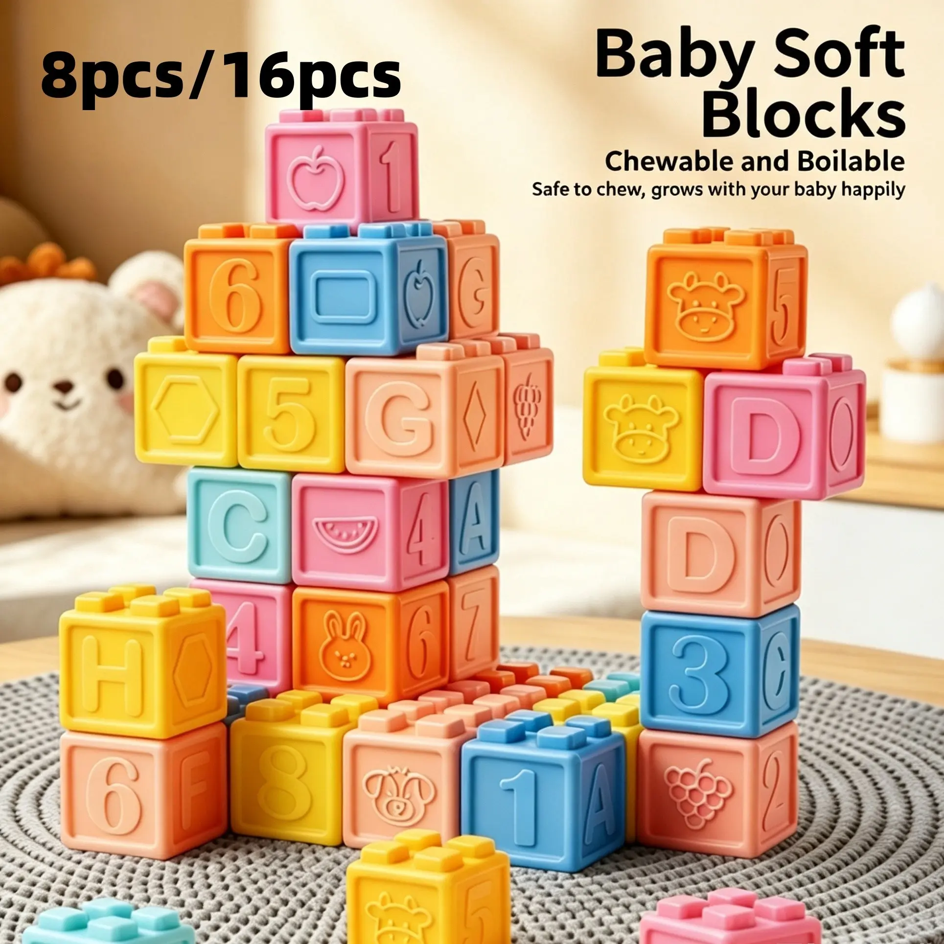 Macaron Silicone Soft Building Blocks, Stackable Assemble Blocks For Infants, Boilable Embossed Number Letter Animal Educational Toy For Toddlers, Stacking Blocks
