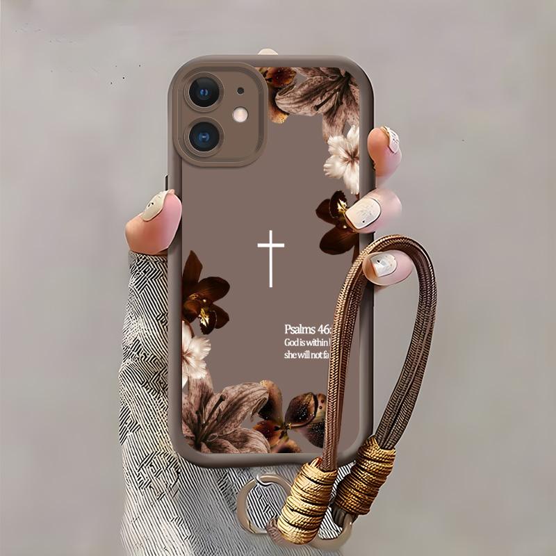 Vintage Floral Aesthetics Lanyard Phone Shell Christian Psalms 46:5 Cross for 【iPhone 12】  Matte Finish Anti Drop Bumper Religious Birthday Gift For Her 666
