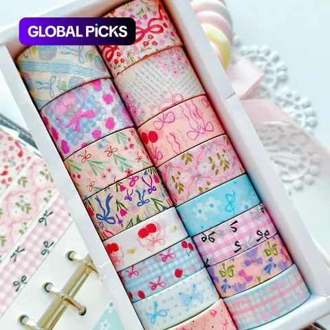 16 Rolls Bow Print Design Handmade Tape, Grid Pattern Adhesive Tape, Decorative Paper Tape for Scrapbooks, Journals, DIY Crafts, Gift Wrapping, Scrapbook Accessories, Scrapbook Materials, Scrapbooking Supplies #GLOBAL PICKS