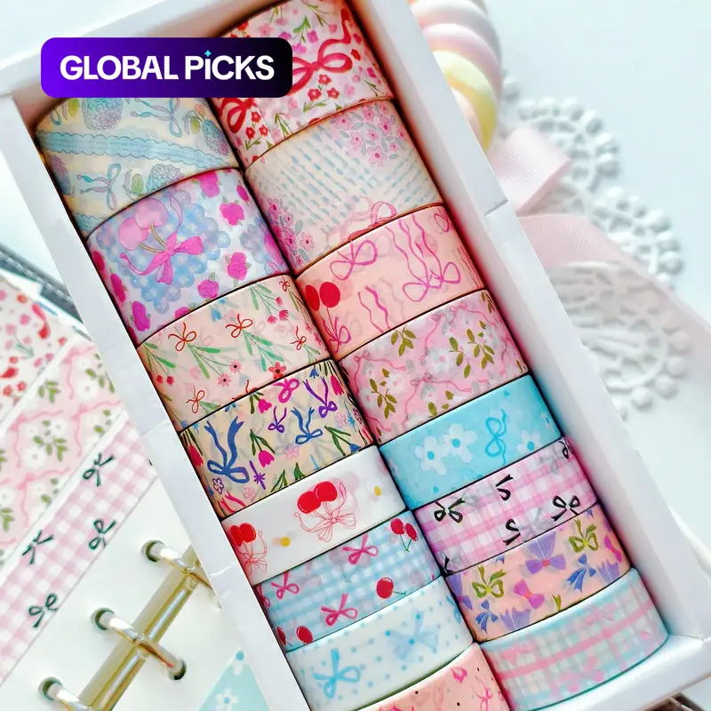 16 Rolls Bow Print Design Handmade Tape, Grid Pattern Adhesive Tape, Decorative Paper Tape for Scrapbooks, Journals, DIY Crafts, Gift Wrapping, Scrapbook Accessories, Scrapbook Materials, Scrapbooking Supplies #GLOBAL PICKS