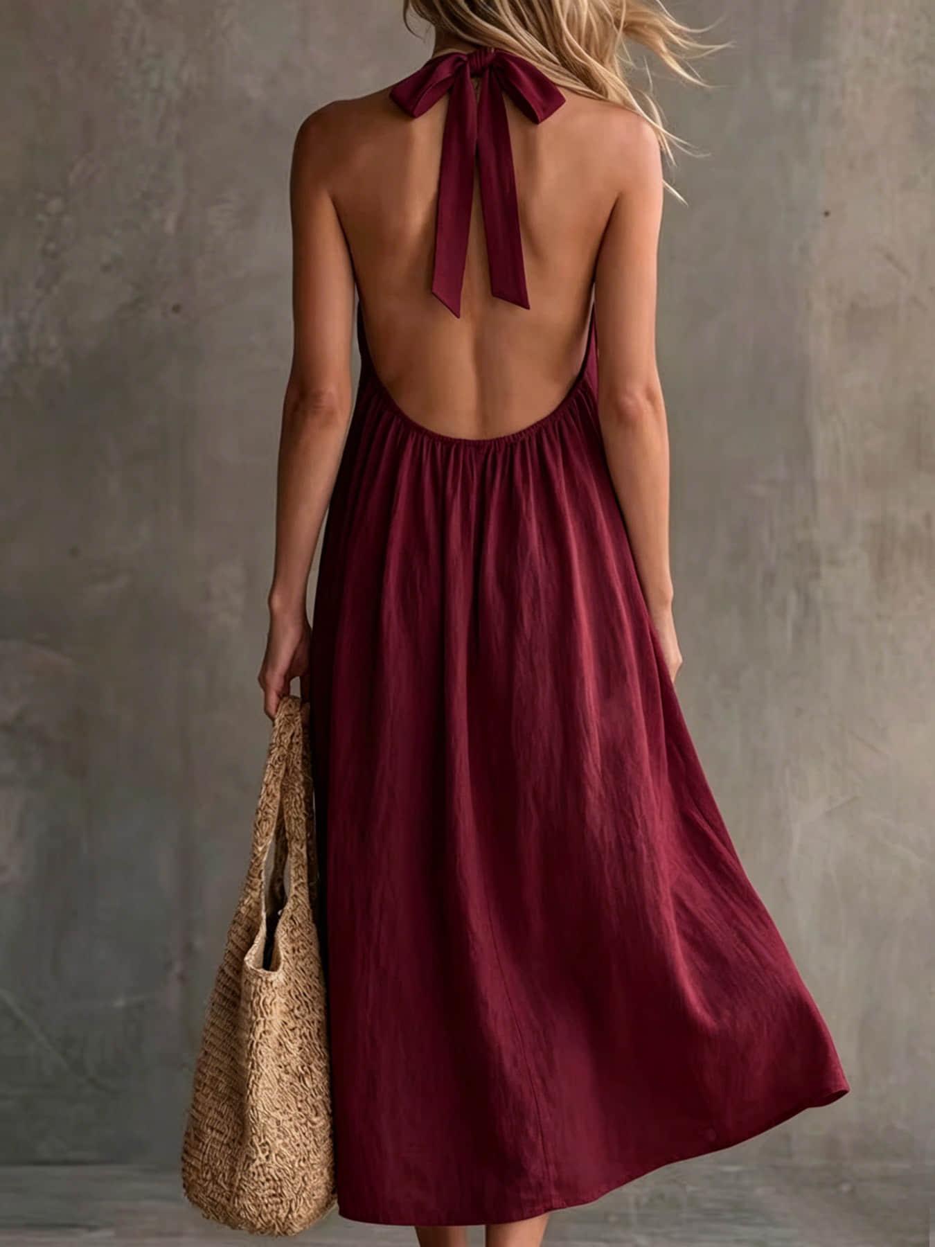 A fashionable women's neck hanging V-neck dress, summer Minimalist Casual loose sleeveless mid length lazy vacation long dress beach party dress suitable for beach vacation, coffee shop relaxation, afternoon tea, daily commuting, light office banquet