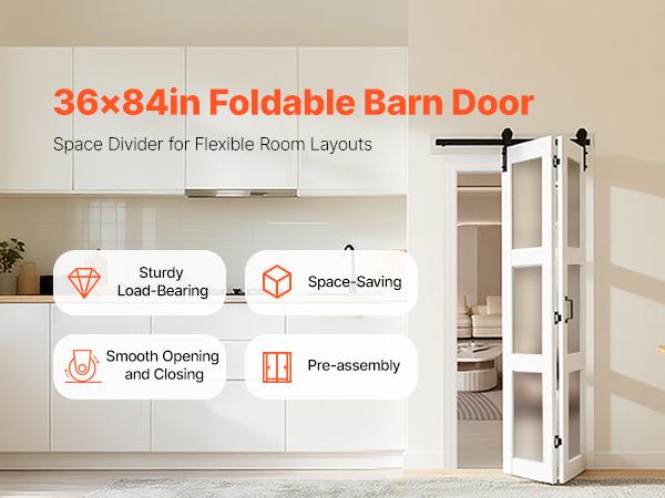 VEVOR Bifold Barn Door, 36x 84, MDF with Tempered Glass Bi-Fold Sliding Closet Doors, Hardware Kit Included, Space-Saving Design, Pre-Assembled Panels for Bedroom, Living Room, Wardrobe, White
