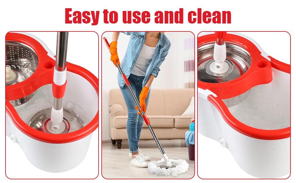 Spin Mop Bucket With Wringer Set, 6 Microfiber Mop Heads,1 Floor Scrub Brush And 61" Stainless Steel Adjustable Handle For Floor Cleaning White