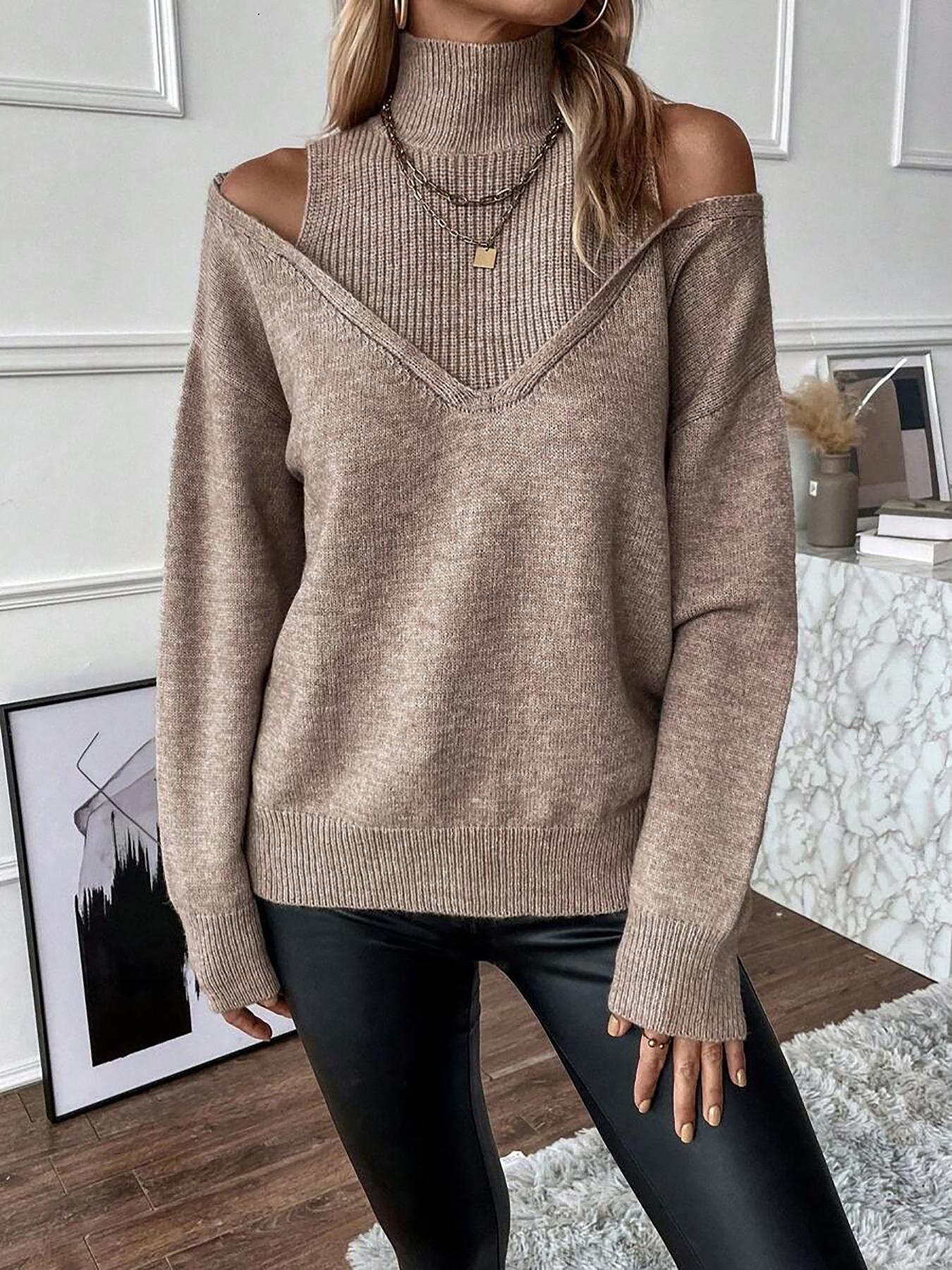 Autumn Winter New Pure Color Loose Simple Fashion Knit Off-Shoulder Long Sleeve High Neck Sweater, Soft Comfortable Elegant Casual Top Womenswear