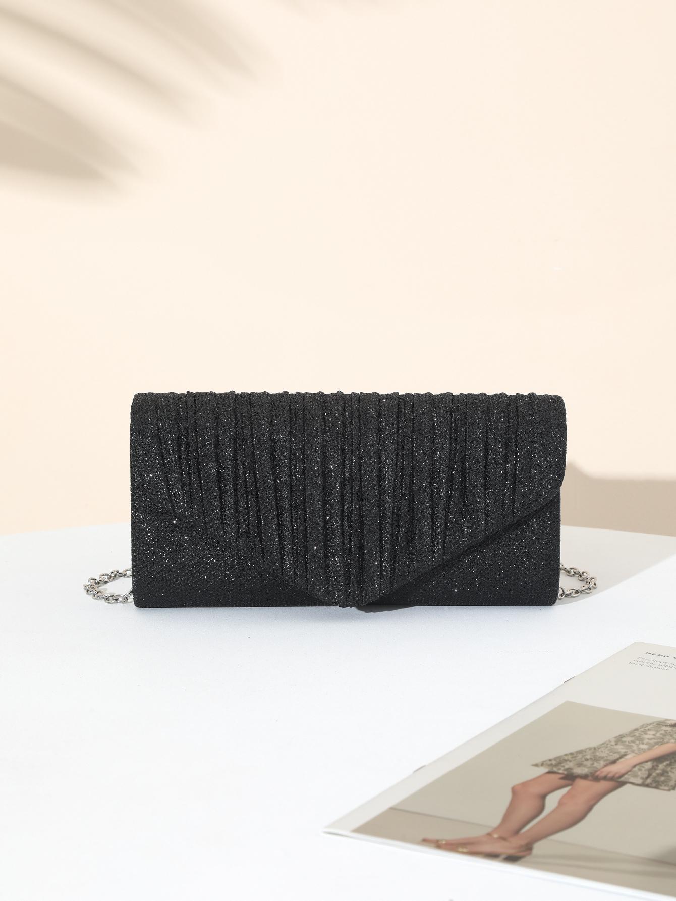 Rhinestone Decor Pleated Clutch Bag, Elegant Handbag for Party and Events, Fashionable Shoulder Crossbody Chain Bag, 1pc