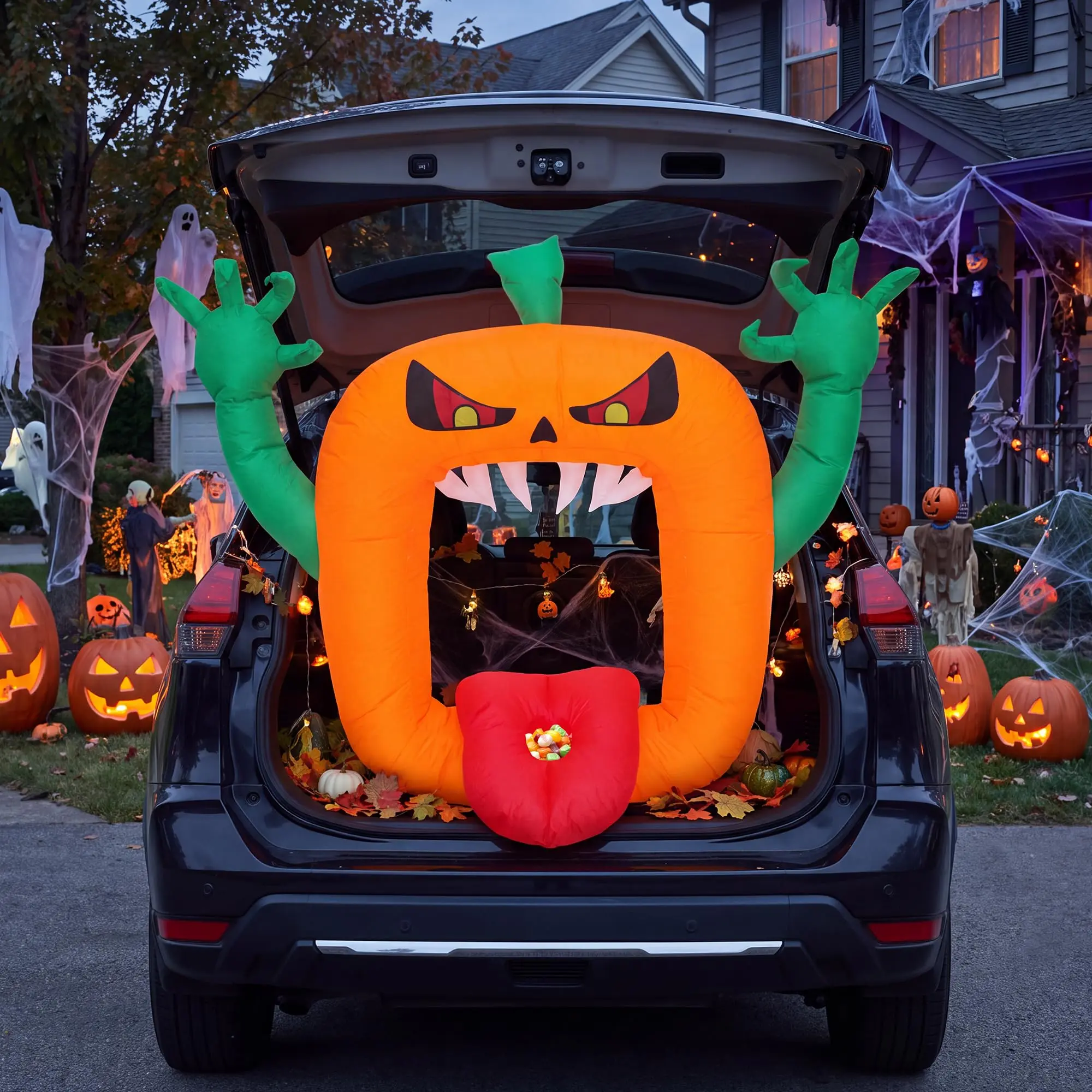 6 FT Waterproof Scary Pumpkin Halloween Inflatable Backdrop with LED Lights, Blow Up Yard Decor for Front Yard, Car Trunk-or-Treat Festive Decoration