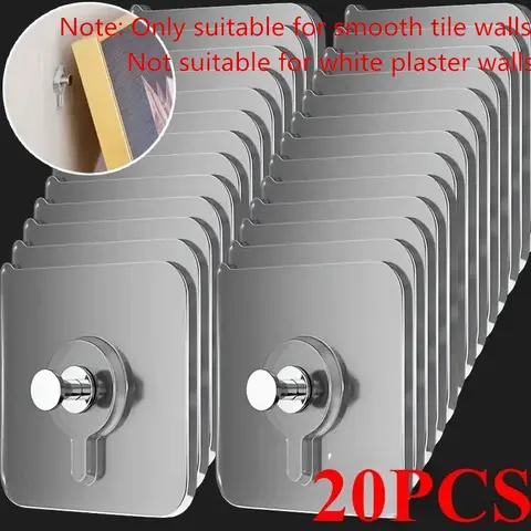 20 Modern Wall-Mounted Hooks, Easy Installation, Strong Adhesive, No Drilling, Hooks for Walls No Damage, Waterproof Plastic, for Kitchen & Bathroom, Smooth Tile Walls Only