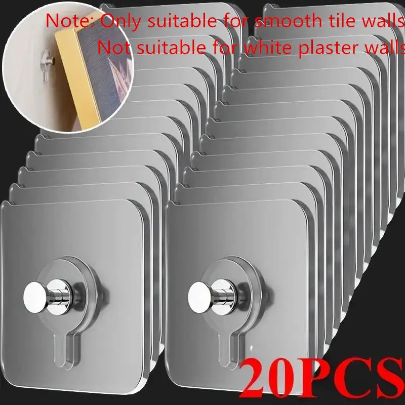 20 Modern Wall-Mounted Hooks, Easy Installation, Strong Adhesive, No Drilling, Hooks for Walls No Damage, Waterproof Plastic, for Kitchen & Bathroom, Smooth Tile Walls Only